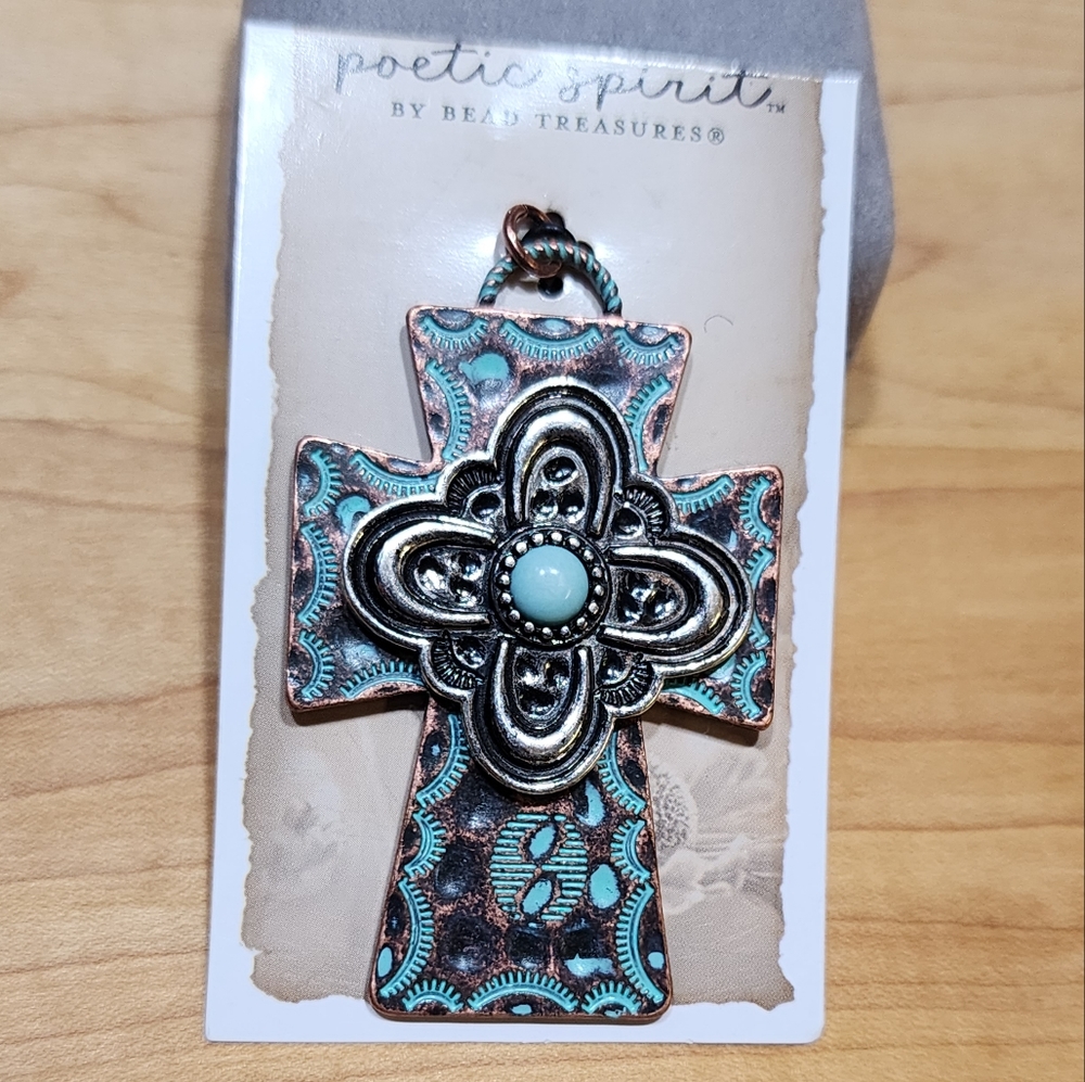Poetic Spirit Copper & Silver Tone w/ Blue Enamel Blue Bead Center Cross Pendant